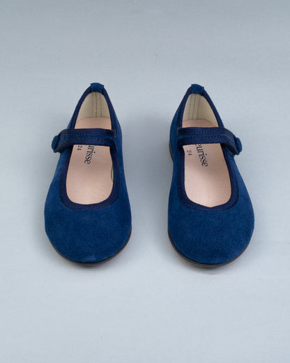 Top view of Elizabeth Twilight Blue Suede Mary-Jane shoes showing insoles and secure velcro straps, laid out evenly.