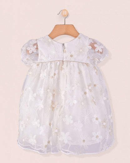 Back view of Baby Isodora Cream Tulle Dress with embroidered mesh overlay, zipper closure, and gathered waist, hung on a wooden hanger.