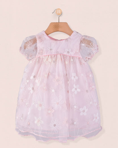 Front view of Baby Isodora Embroidered pink Tulle Dress featuring short puff sleeves, delicate floral embroidery, and soft mesh overlay, displayed on wooden hanger.