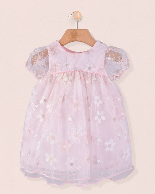 Front view of Baby Isodora Embroidered pink Tulle Dress featuring short puff sleeves, delicate floral embroidery, and soft mesh overlay, displayed on wooden hanger.