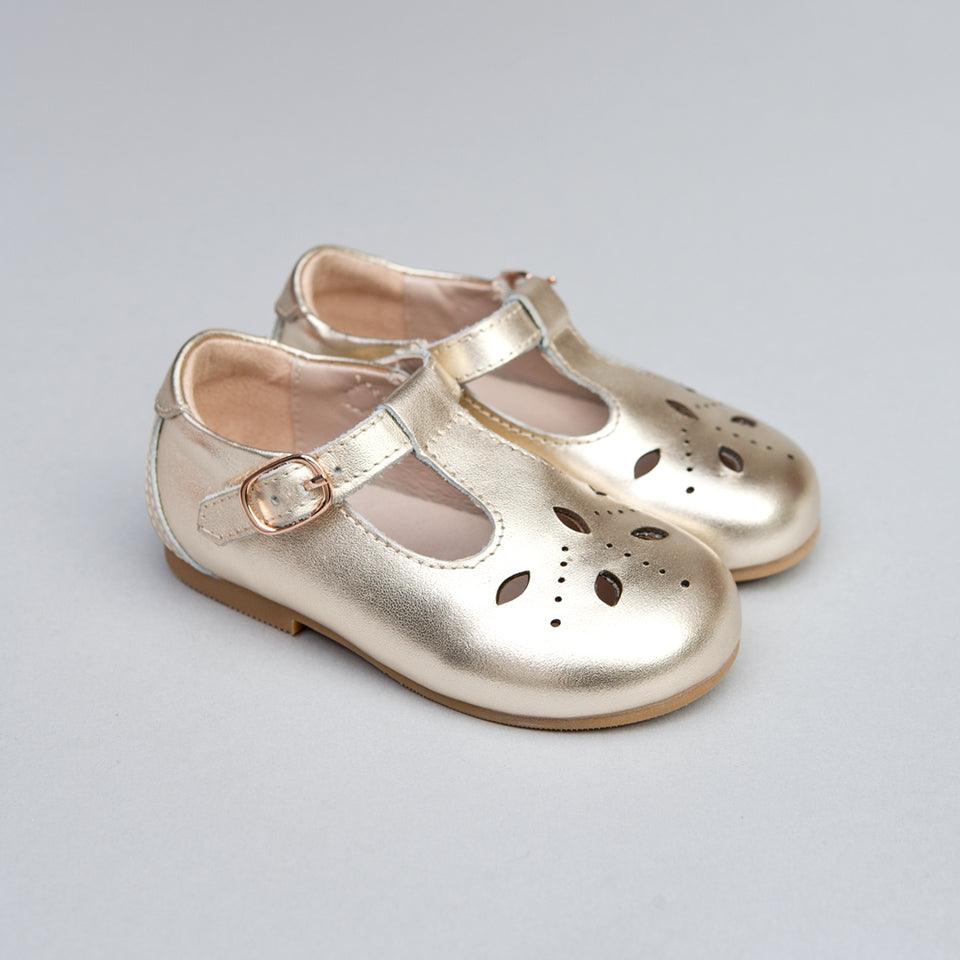 Josephine Gold Leather T-Bar Shoe
