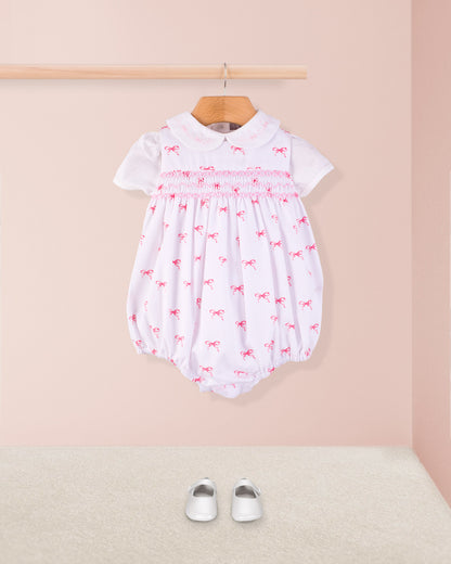 Kennedy Antique Pink Bows Smocked Bubble - Romper
