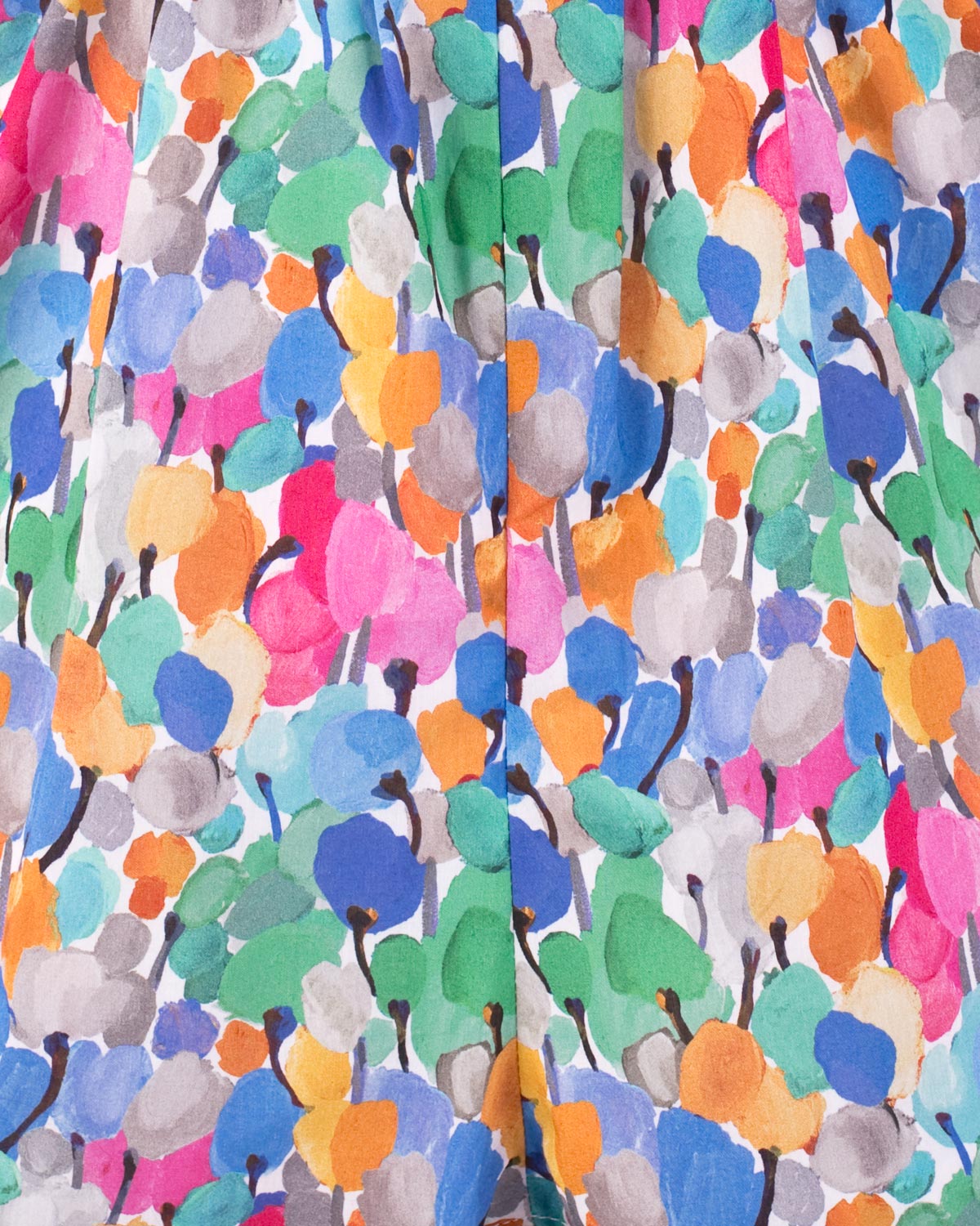 Close-up of the Amandine Liberty Tulip Fields Blue Smock dress fabric, highlighting the colorful tulip pattern in shades of blue, pink, orange, purple, and green on white cotton.