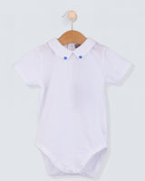 Andreas White Onesie with Medium Blue Buttons