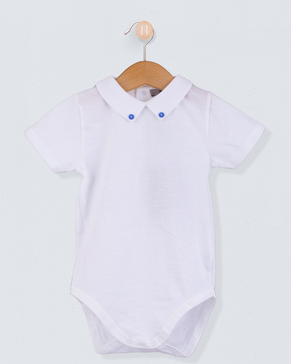 Andreas White Onesie with Medium Blue Buttons