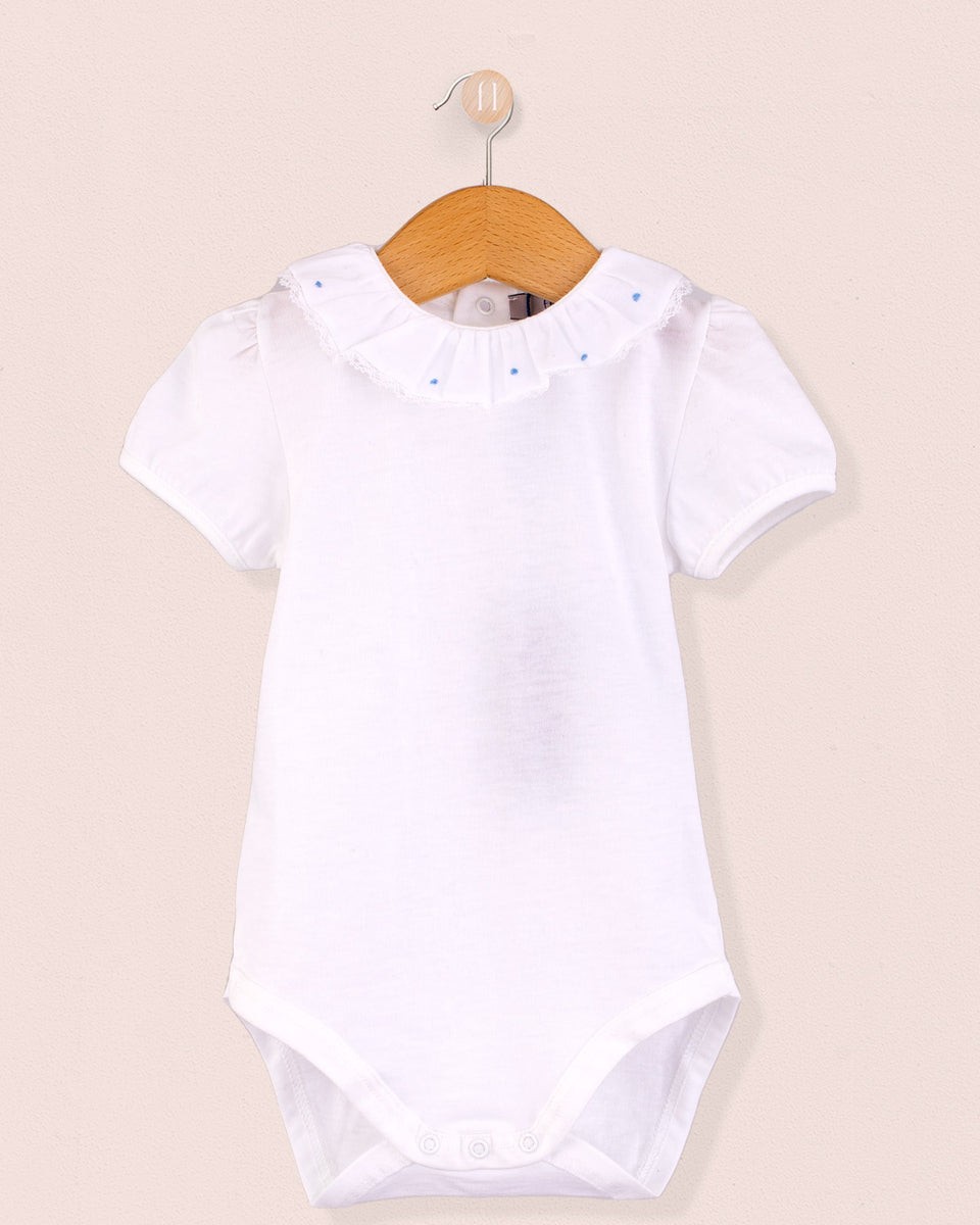 Ines Ruffle Onesie Embroidered Blue Dots