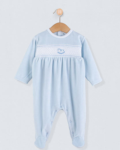 Pima Blue Velour Smocked Stretchie - Stretchie