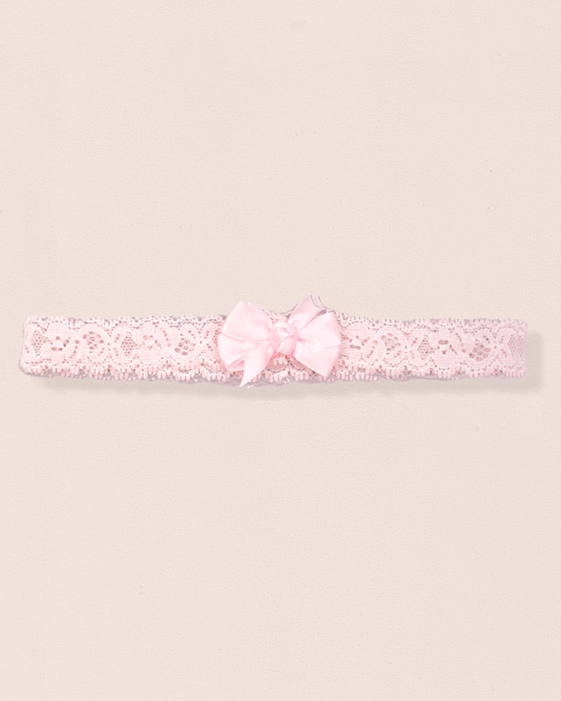 Light pink lace baby headband with pink satin bow