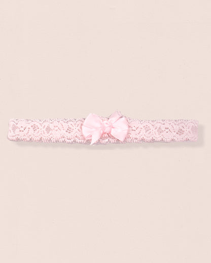 Light pink lace baby headband with pink satin bow