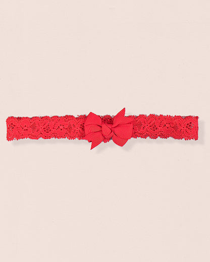 Red lace baby headband with red grosgrain bow