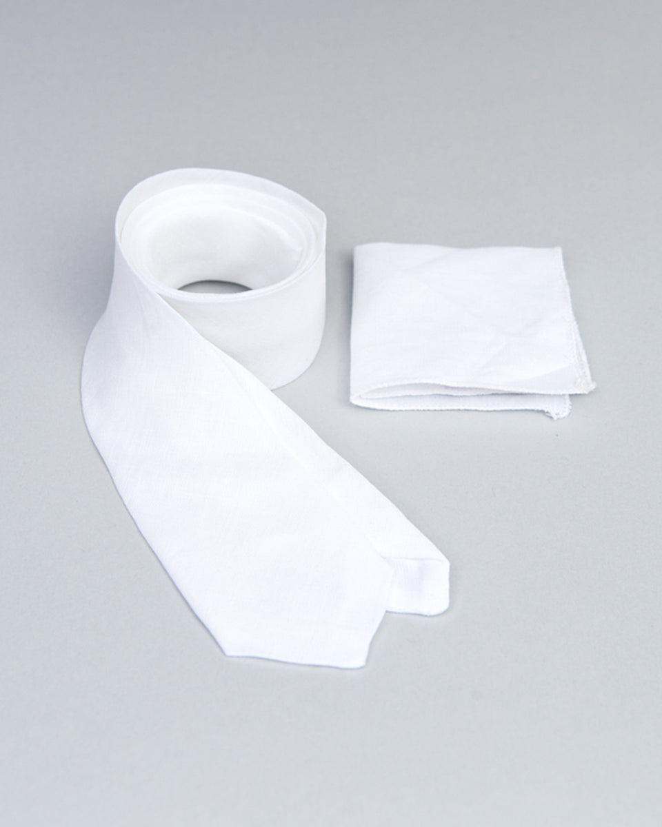 Tie and Pocket Square White Linen