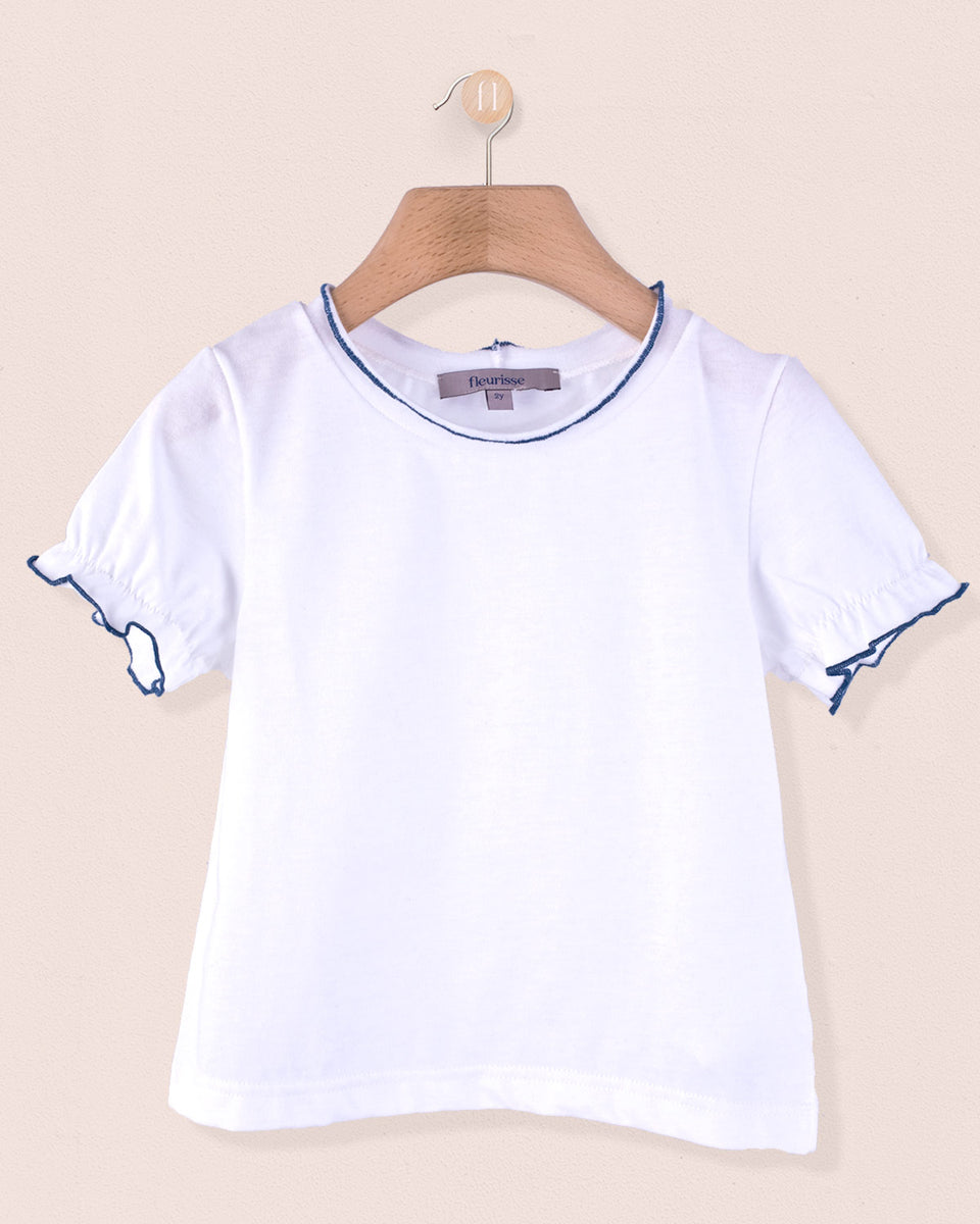 White Cotton T-Shirt Summer Navy Trim