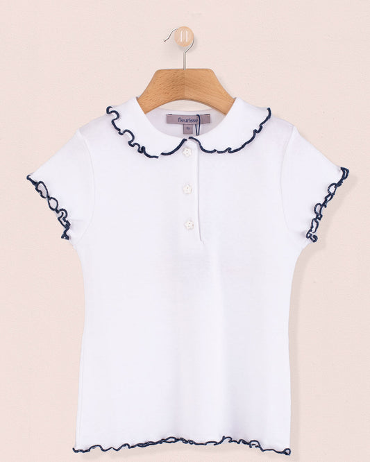 Italian White Cotton Collar Shirt With Navy Trim - Jersey