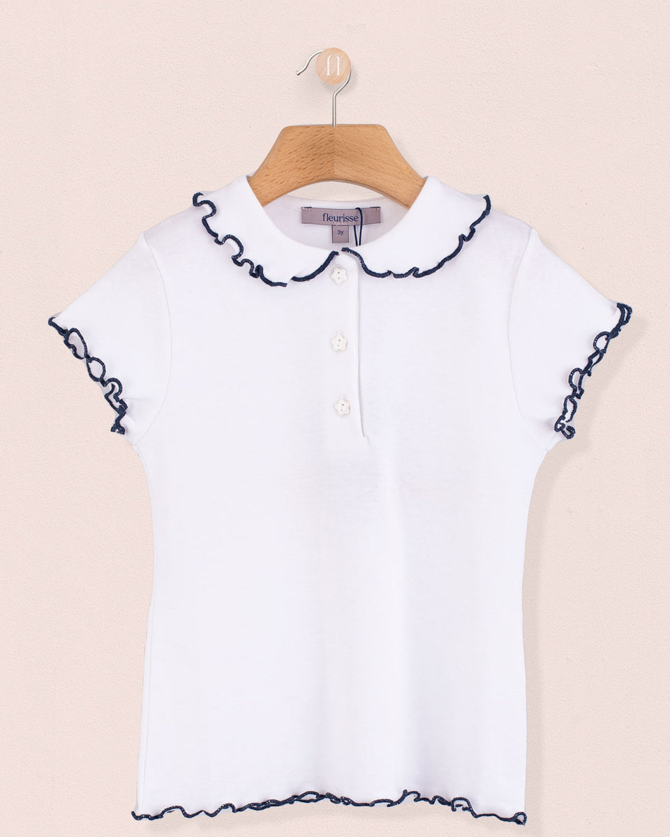 Italian White Cotton Collar Short Sleeve Shirt With Navy Trim
