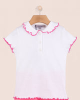 Italian White Cotton Collar Short Sleeve Shirt With Primrose Trim