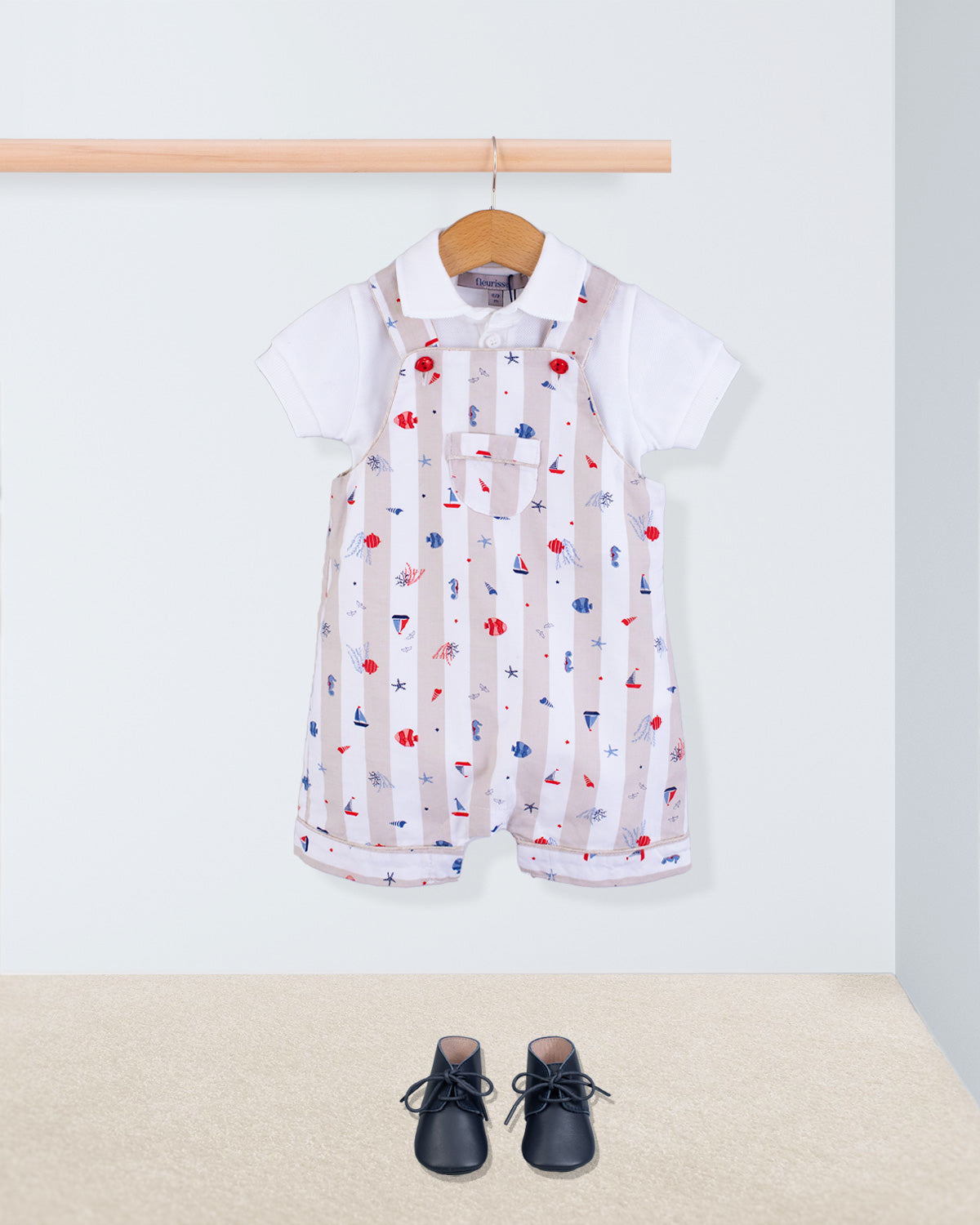 Starboard Beige Nautical Stripe Shortall - Romper