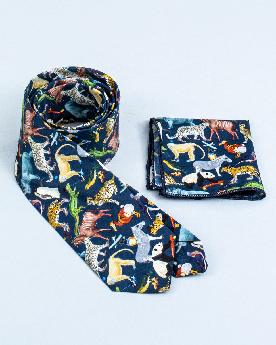Tie and Pocket Square Liberty Navy Animals