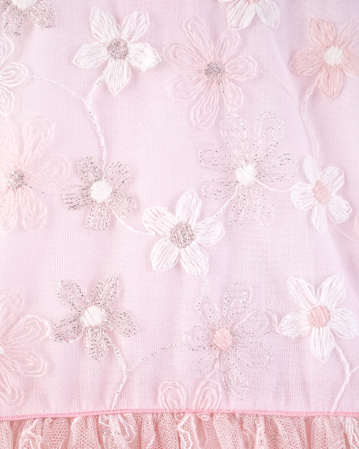 Close-up of floral embroidery on Baby Isodora pink Tulle Dress showing fine gold and cream threadwork on mesh fabric.