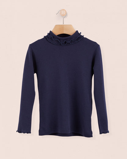 Ruffle Turtleneck Italian Brushed Cotton Navy - Jersey