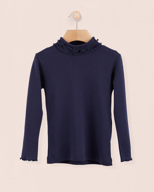 Ruffle Turtleneck Italian Brushed Cotton Navy - Jersey