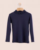 Ruffle Turtleneck Italian Brushed Cotton Navy