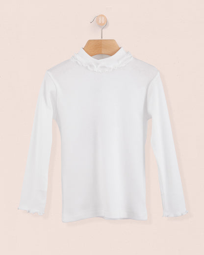 Ruffle Turtleneck Italian Brushed Cotton White - Jersey