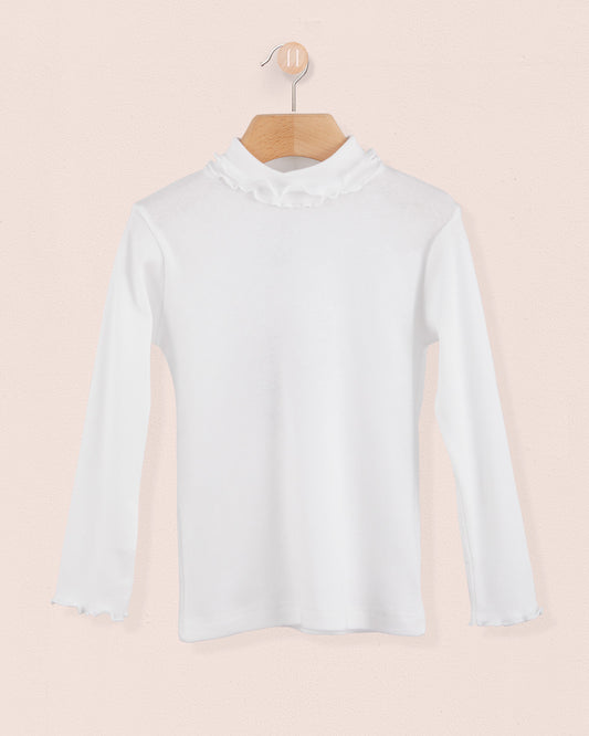 Ruffle Turtleneck Italian Brushed Cotton White - Jersey