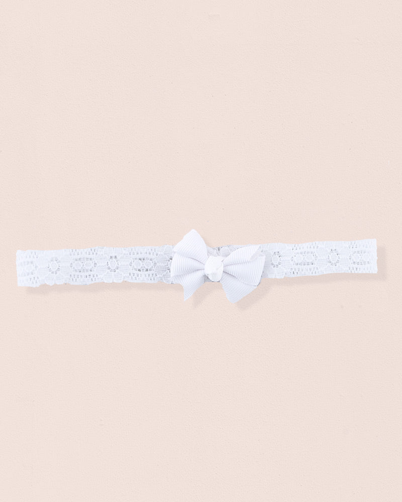 White lace baby headband with white grosgrain bow