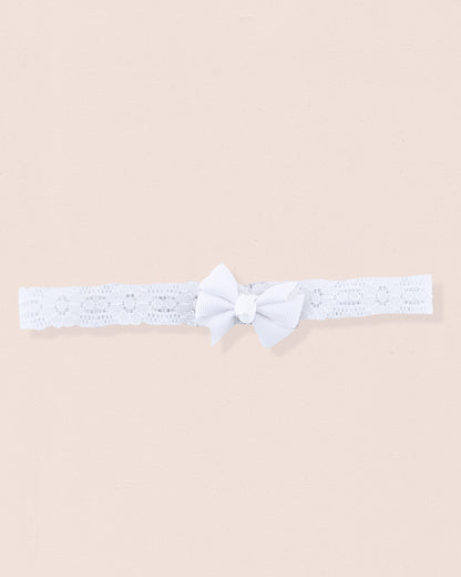 White lace baby headband with white grosgrain bow
