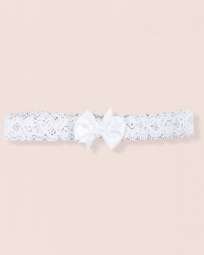 White lace baby headband with white satin bow